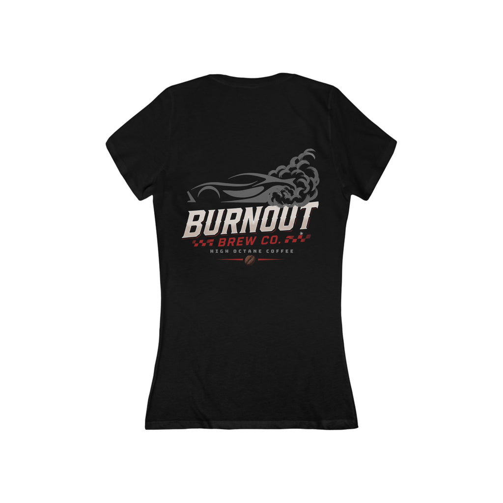Burnout Brew Co. Women's Deep V-Neck Tee — Retro Racing Coffee Graphic