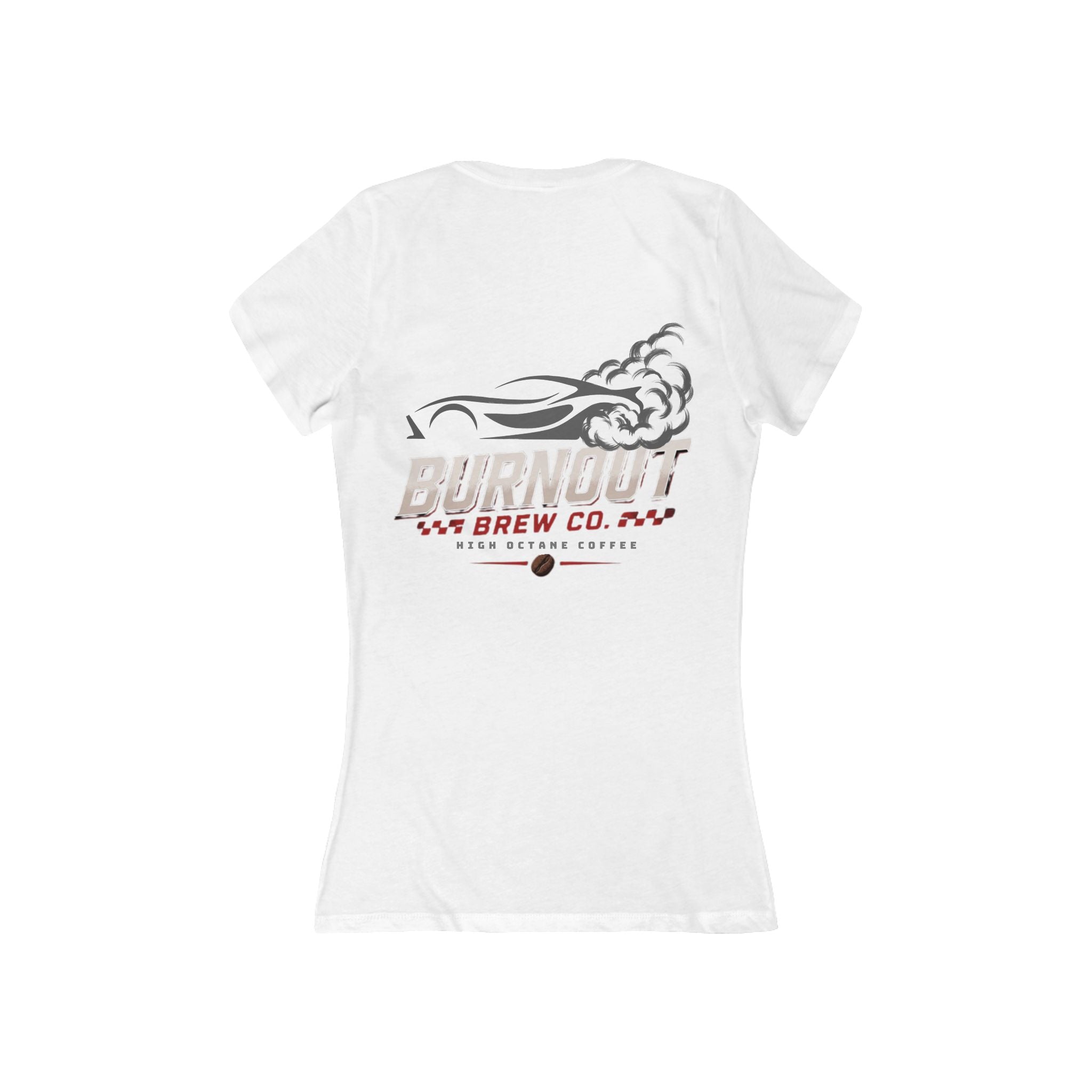 Burnout Brew Co. Women's Deep V-Neck Tee — Retro Racing Coffee Graphic