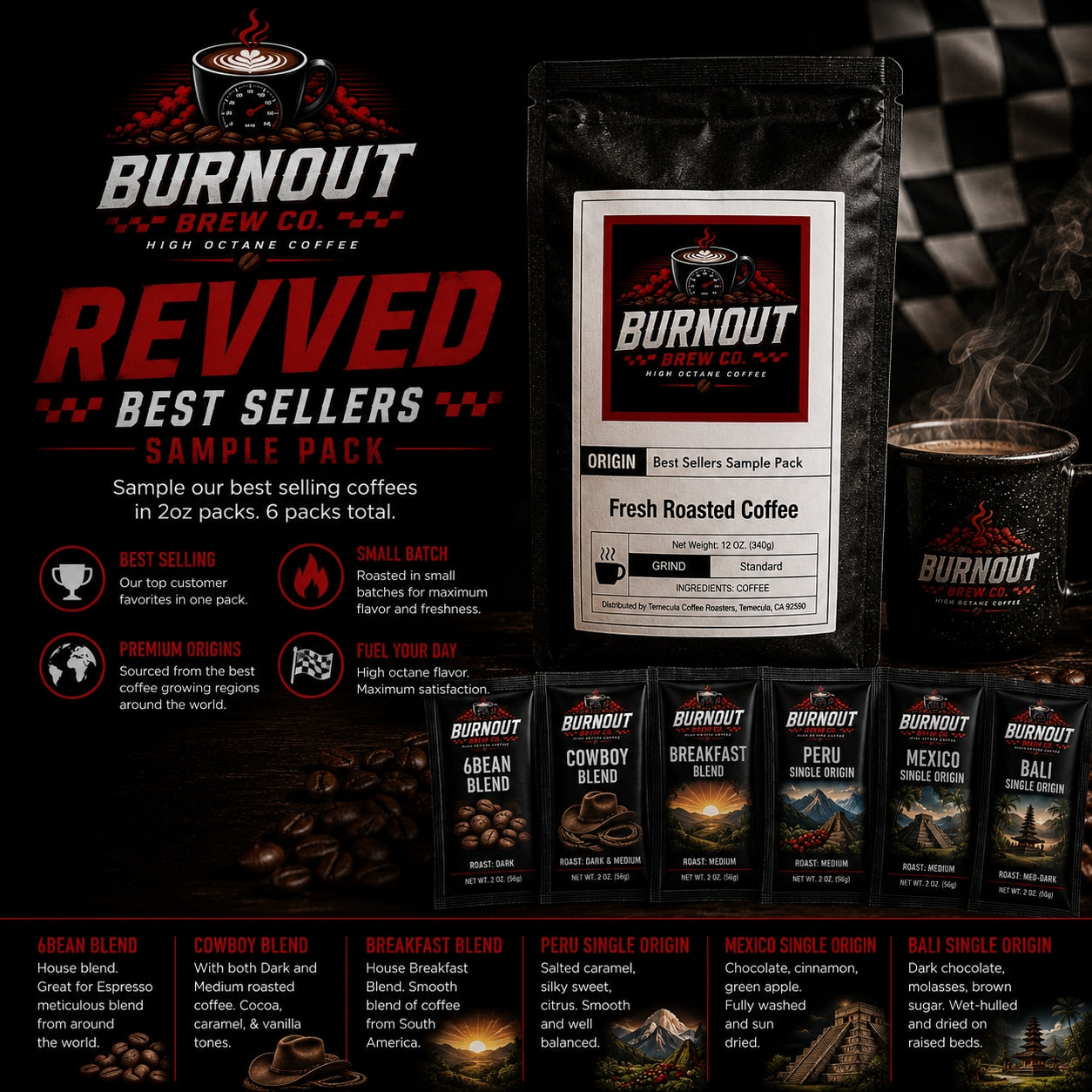 Revved ~ Best Sellers Sample Pack: 6Bean, Cowboy, Breakfast, Peru, Mexico, Bali