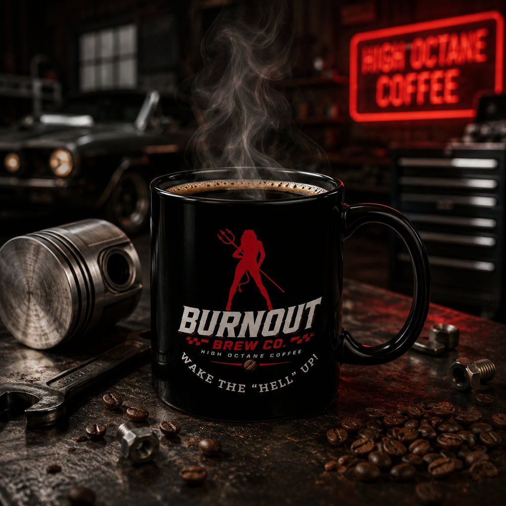 Burnout Brew Co. Coffee Mug — "Wake the 'Hell' Up" Black Ceramic Mug