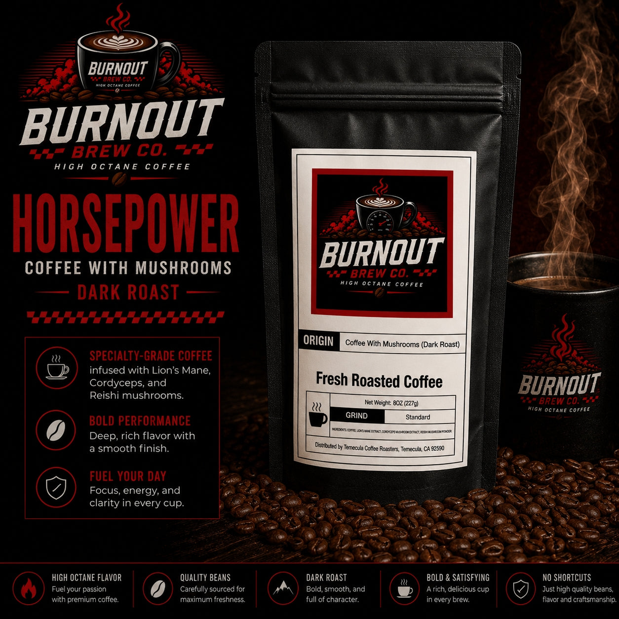 Horsepower ~ Coffee with Mushrooms Dark Roast